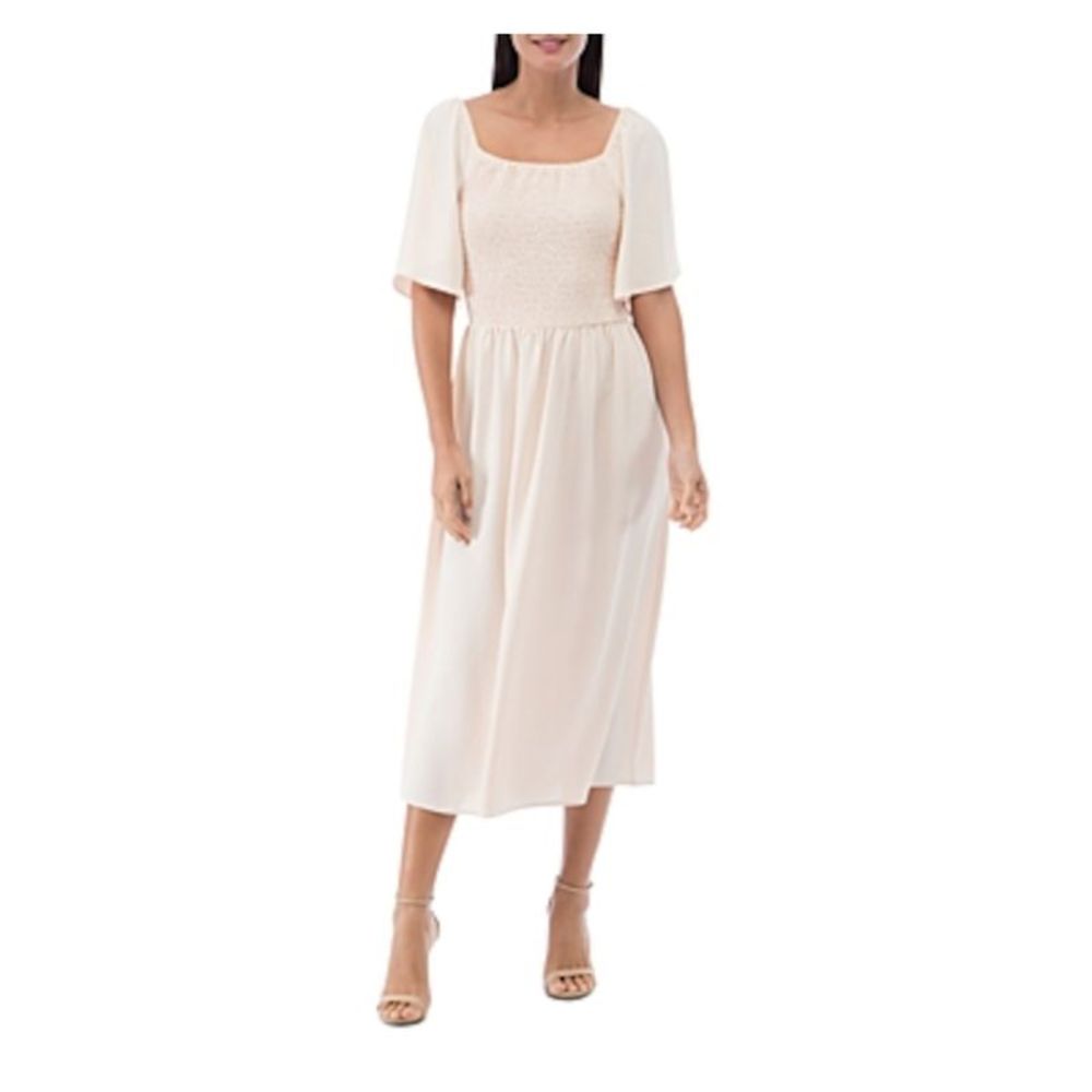 B COLLECTION Womens Beige Crepe Lined Flutter Sleeve Midi Fit + Flare Dress S